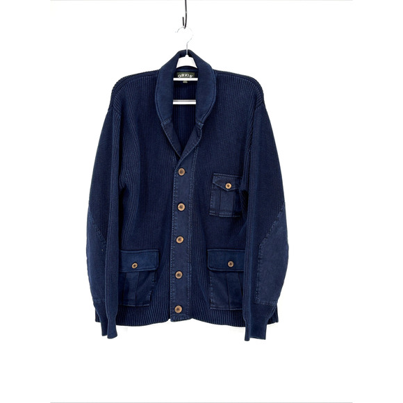 Orvis Hawker Twill Cardigan Sweater Mens XL Blue Cotton Field Utility Ribbed - Picture 1 of 7